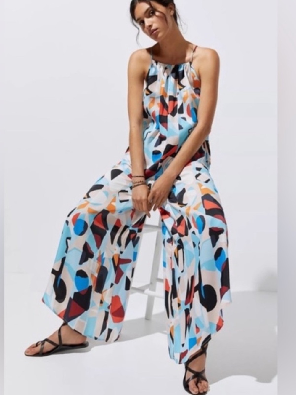 Anthropologie Breezy Wide-Leg Jumpsuit with multi-colored geometric pattern